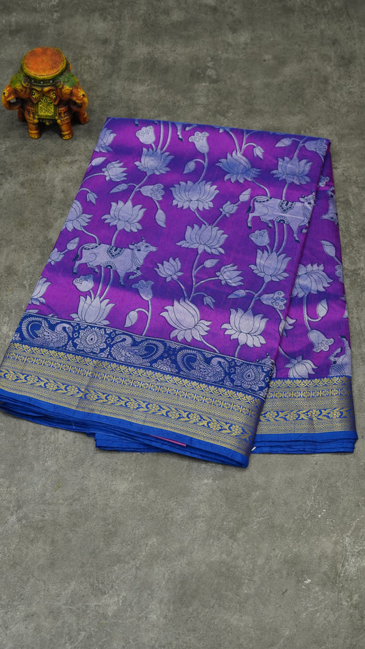 Semi Pattola Saree Pichwait & Floral Print with Floral Border - Purple to Blue