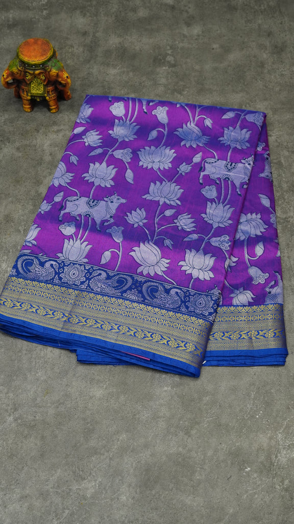 Semi Pattola Saree Pichwait & Floral Print with Floral Border - Purple to Blue