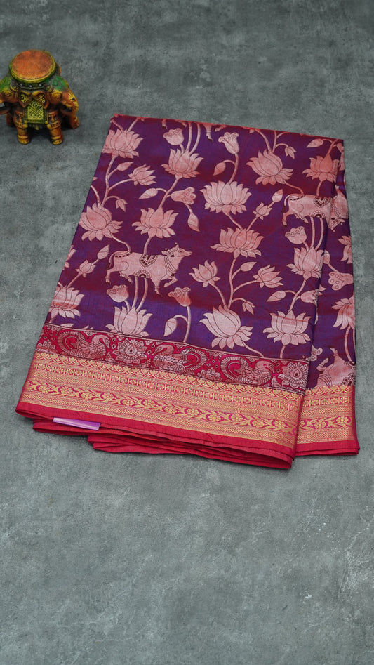 Semi Pattola Saree Pichwait & Floral Print with Floral Border - Purple to Pink