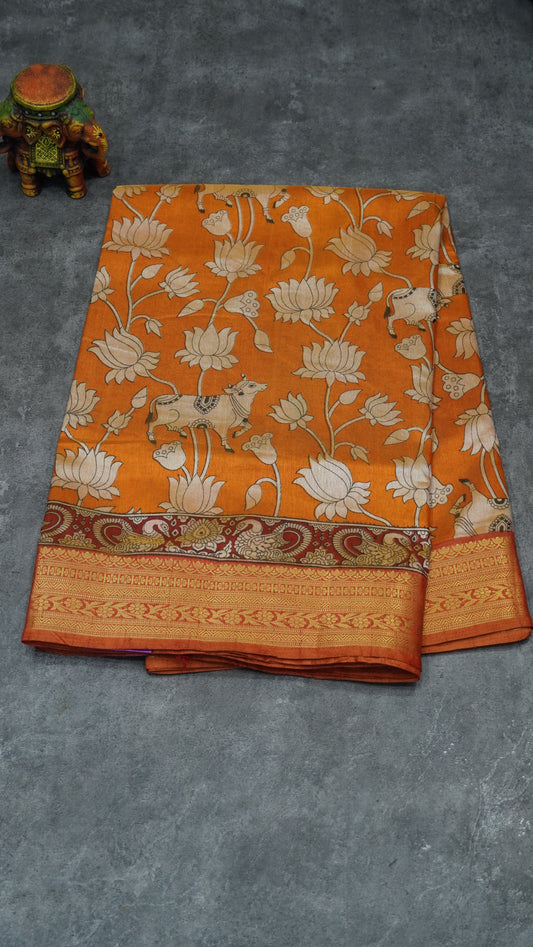 Semi Pattola Saree Pichwait & Floral Print with Floral Border - Mustard to Brown