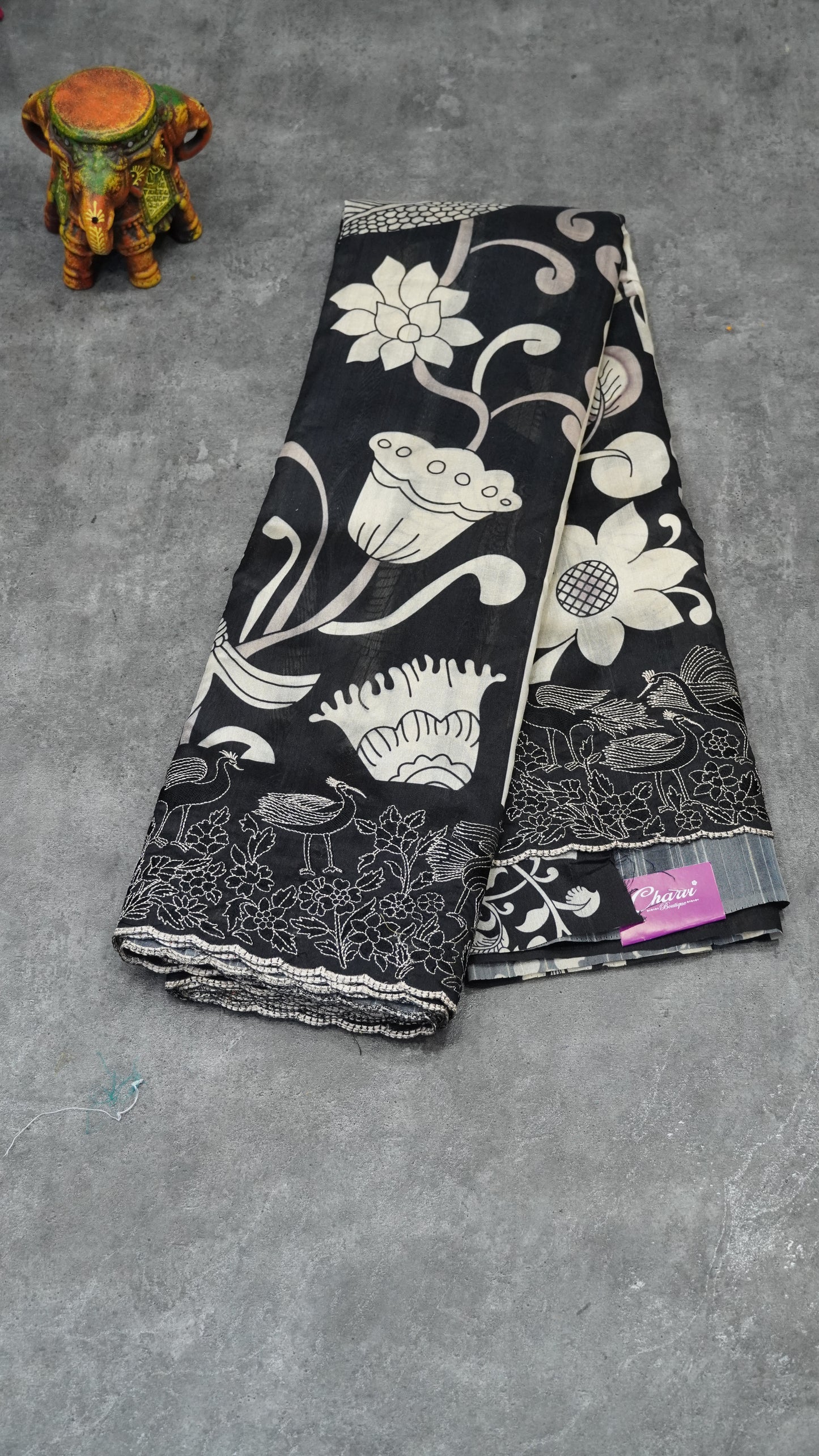 Tussar Saree Floral Print - Black to Off White