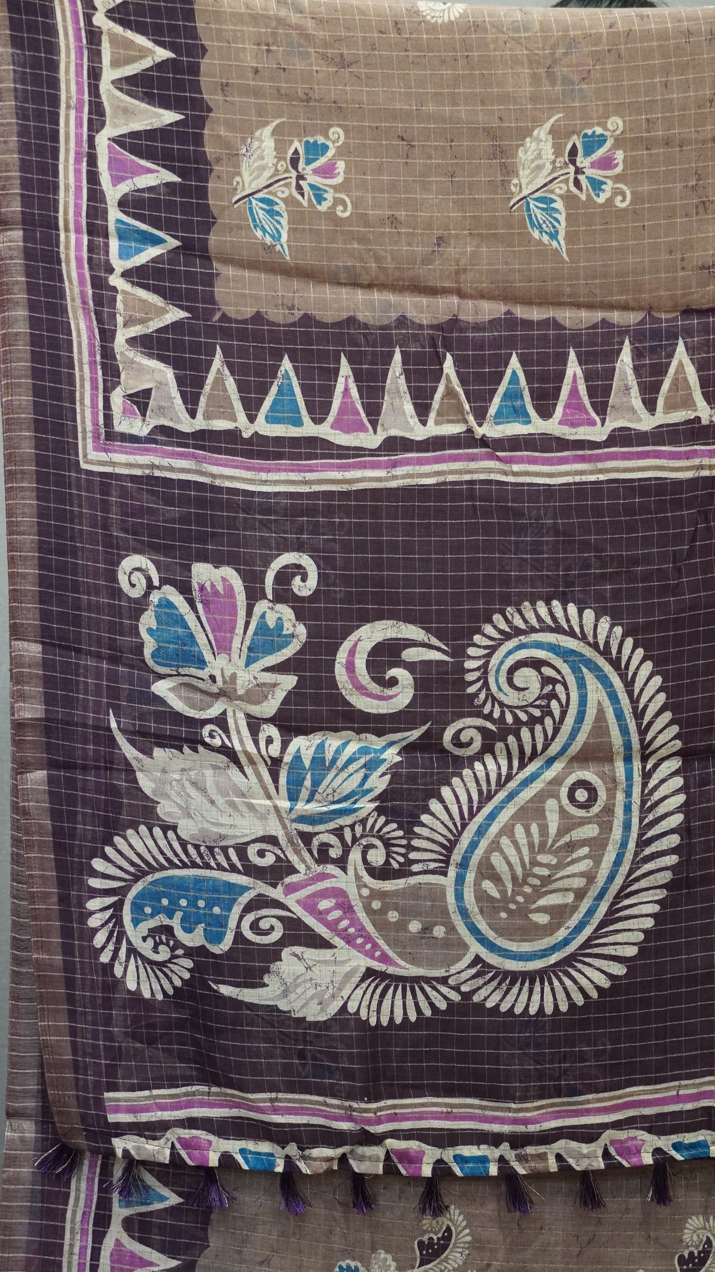 Semi Tussar Saree With Zari Checks - Chocolate Brown