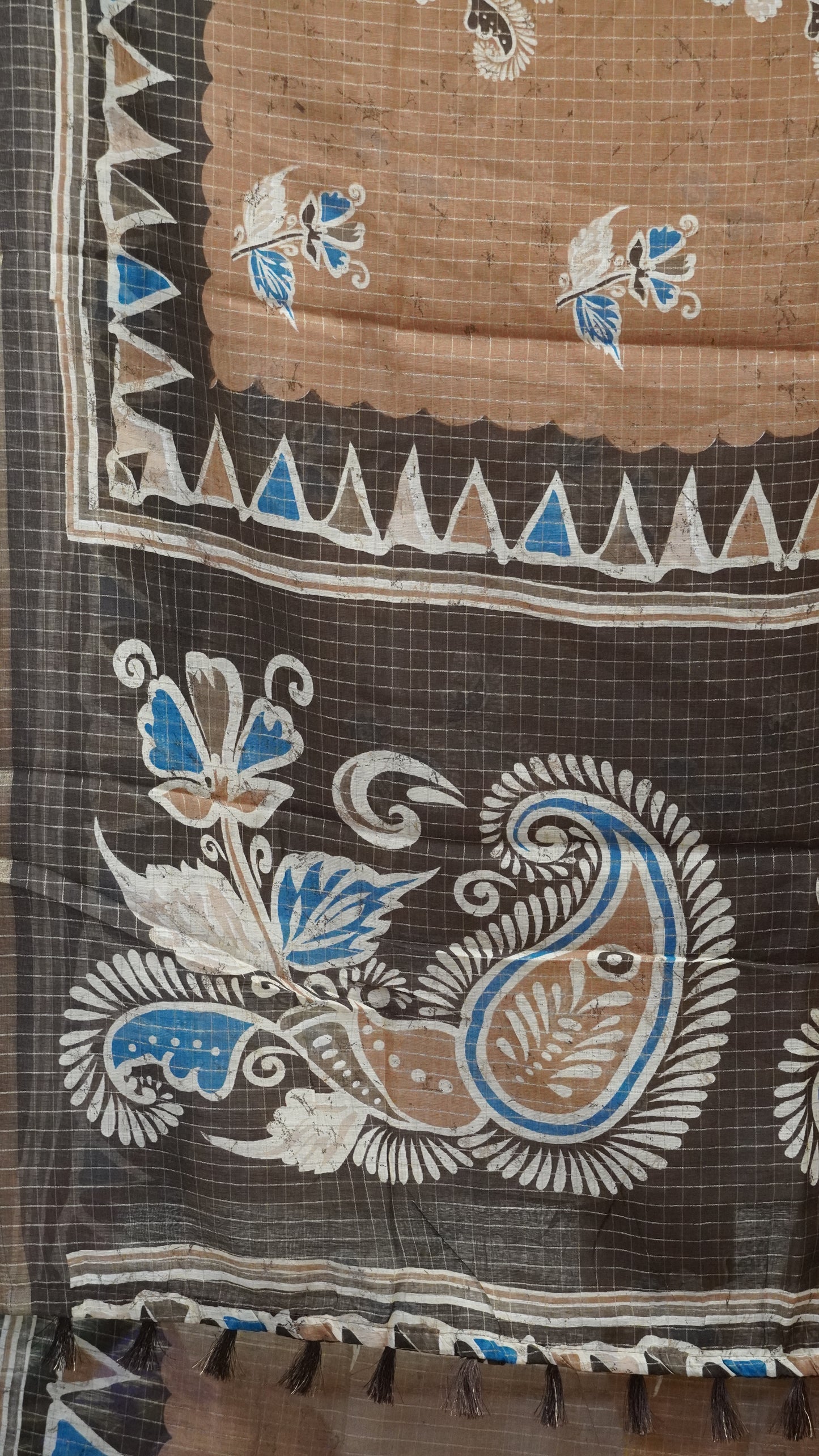 Semi Tussar Saree With Zari Checks - Brown