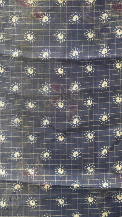 Semi Tussar Saree With Zari Checks - Greyish Blue