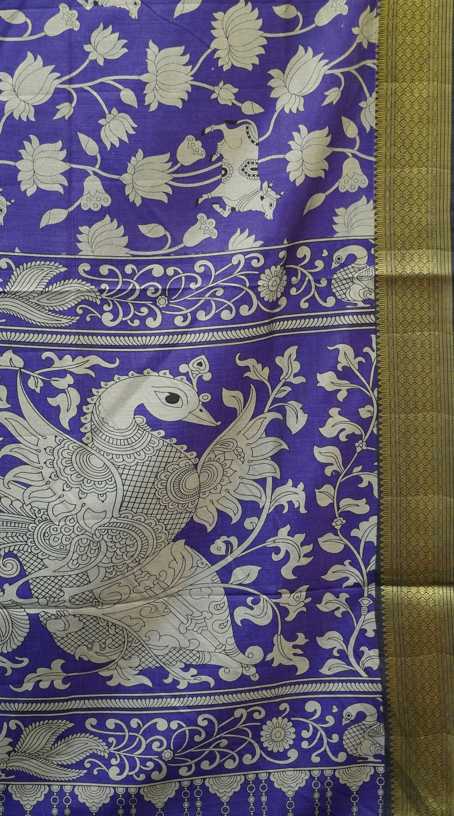 Semi Pattola Saree Pichwai & Floral Print with Black Border - Violet