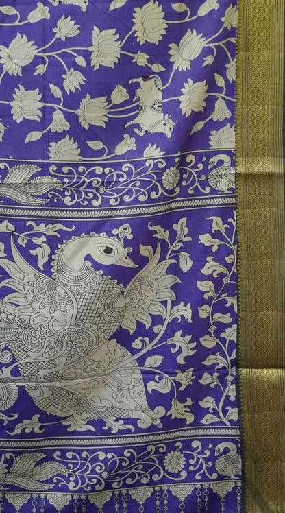 Semi Pattola Saree Pichwai & Floral Print with Black Border - Violet