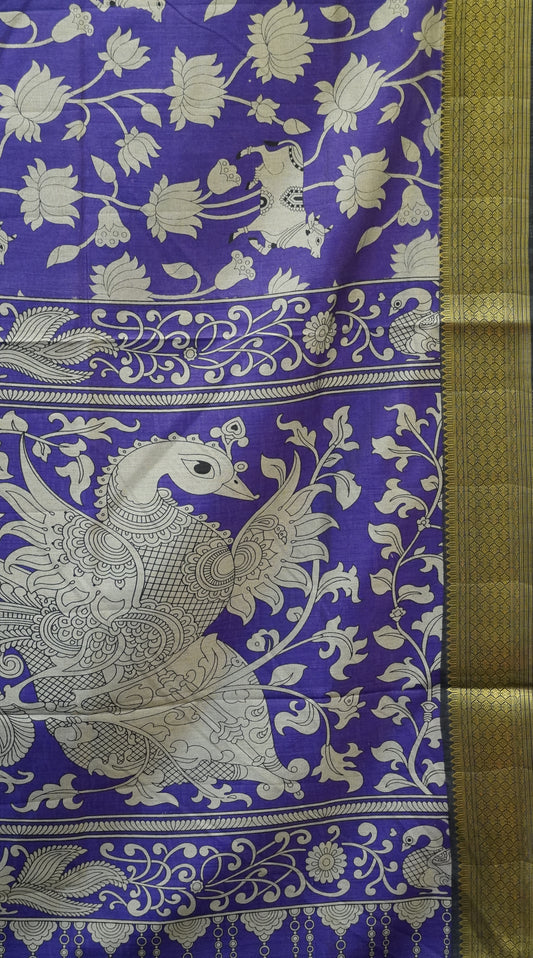 Semi Pattola Saree Pichwai & Floral Print with Black Border - Violet