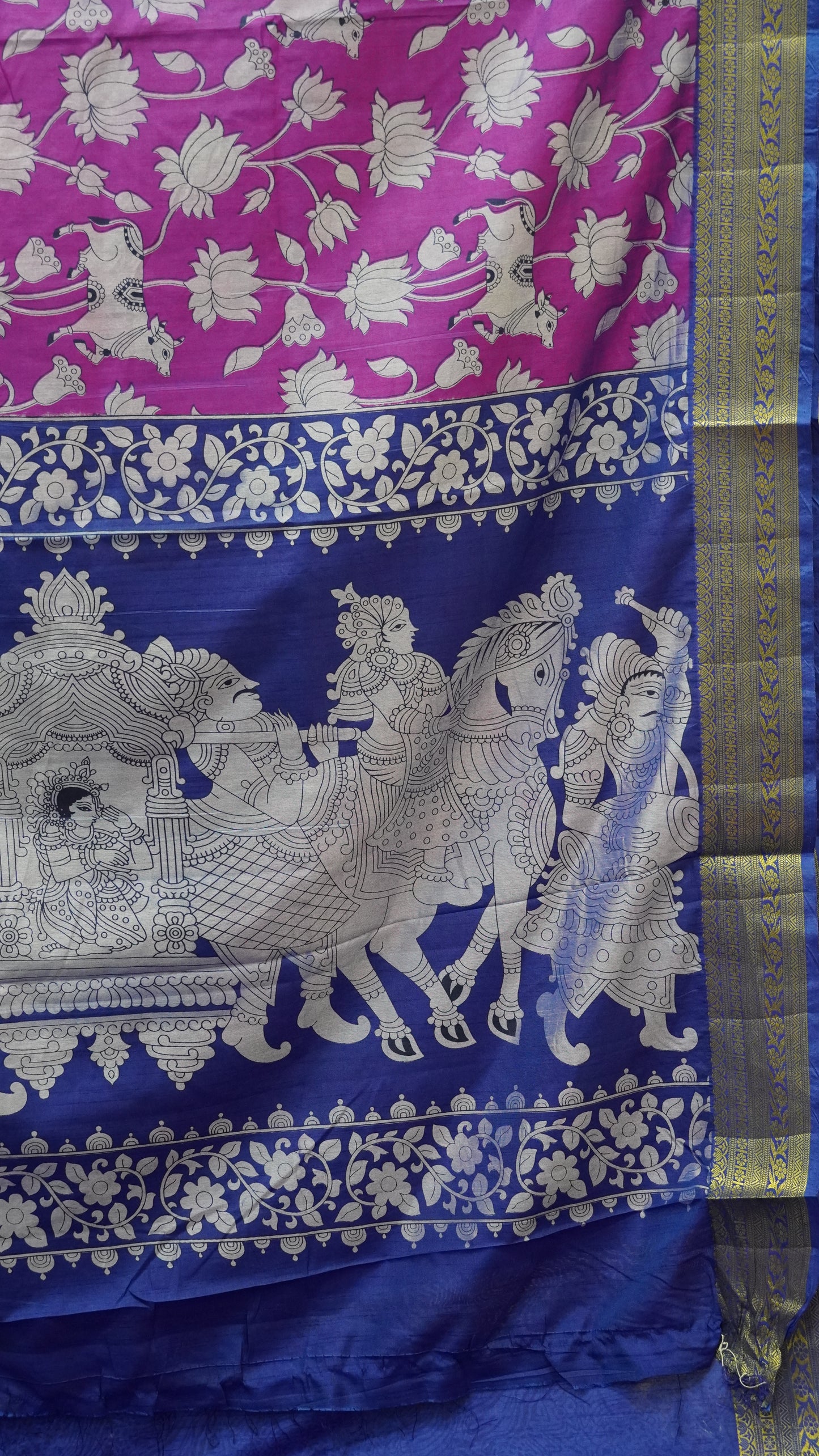Semi Pattola Saree Pichwait & Floral Print with Floral Border - Purple to Blue