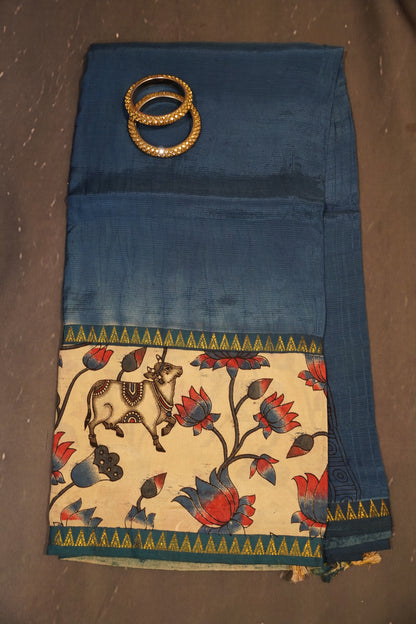 Kalamkari Silk Saree -Peacock Blue