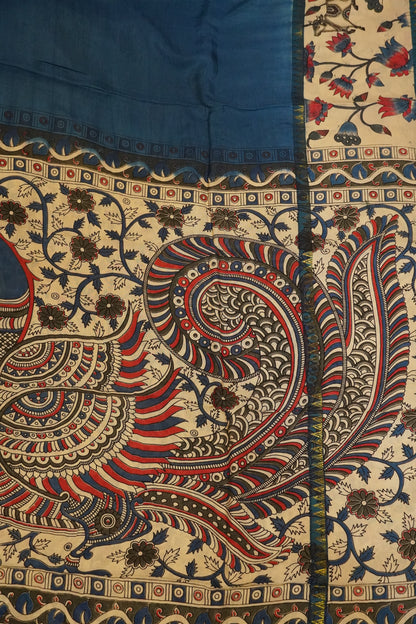 Kalamkari Silk Saree -Peacock Blue