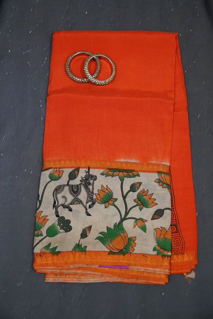 Kalamkari Silk Saree - Pichwai Pattern Orange