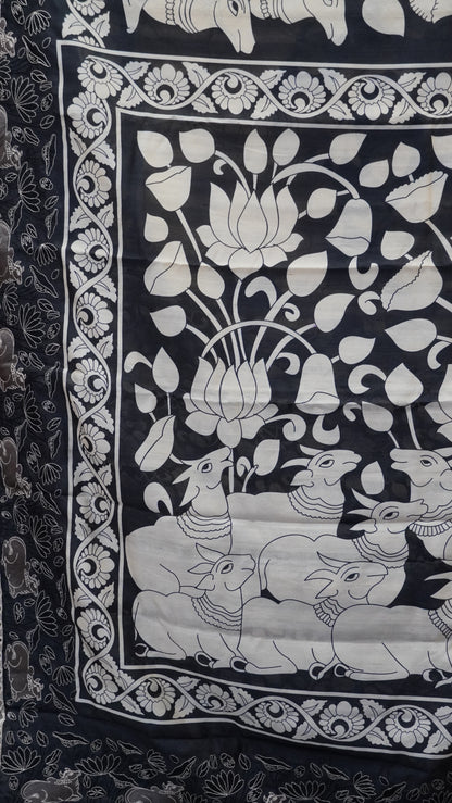 Tussar Saree Floral Print - Black to Off White
