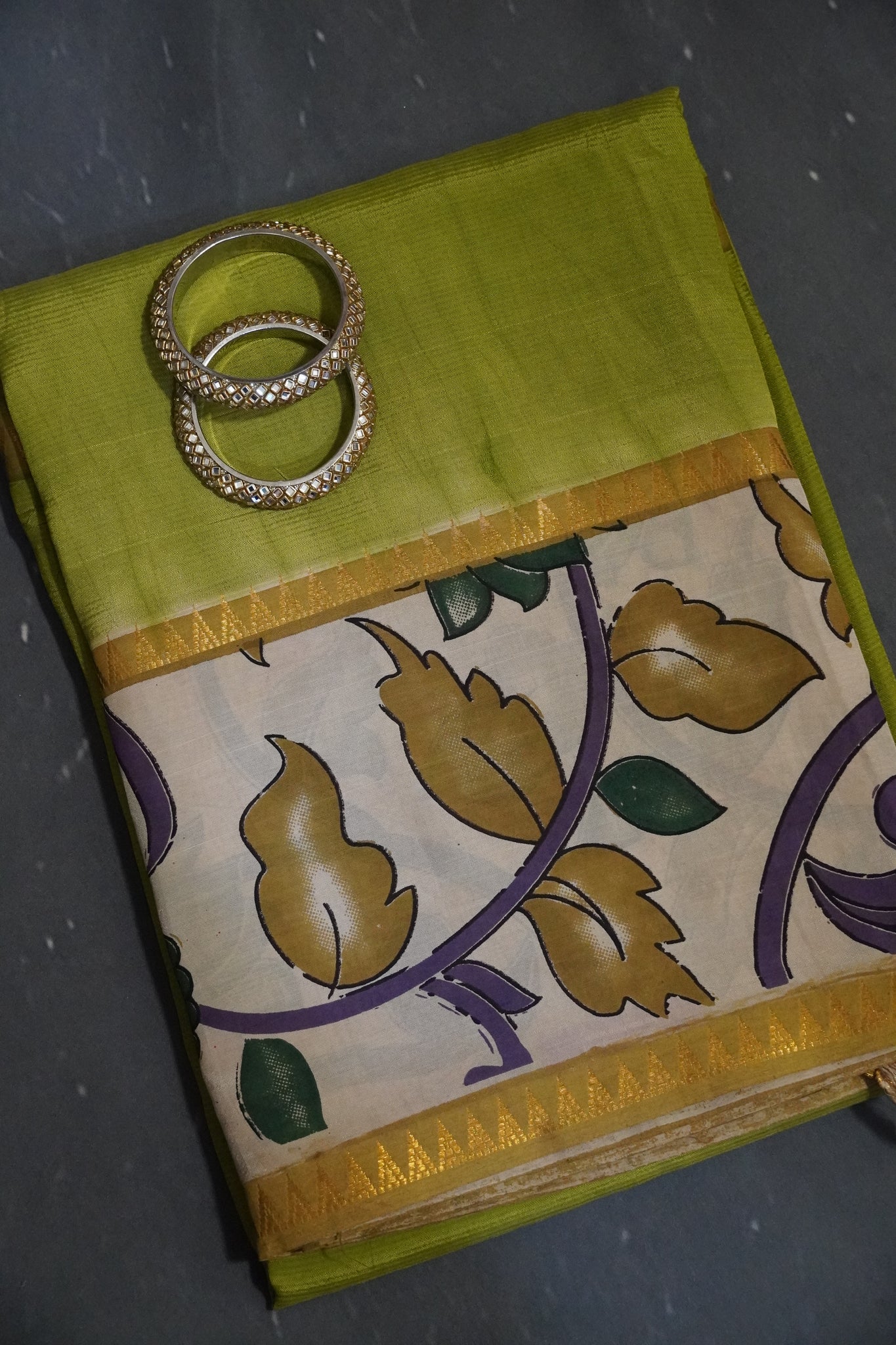Kalamkari Silk Saree -Lime green
