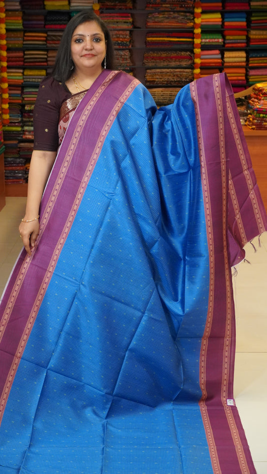 Semi Tussar Saree With Rettapet Border - Blue