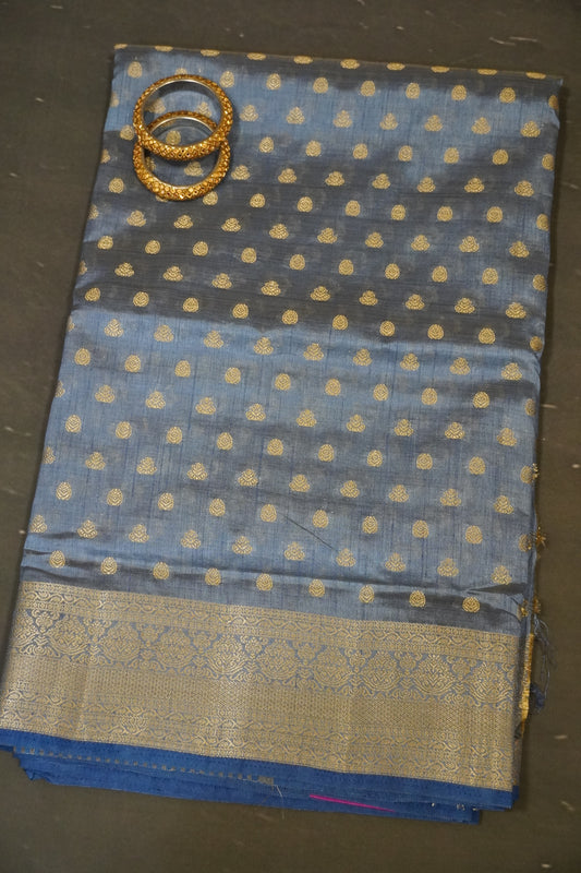 Semi Tussar Saree-Zari Motif Greyish Blue
