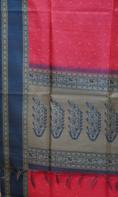 Semi Tussar Saree With Rettapet Border - Pink