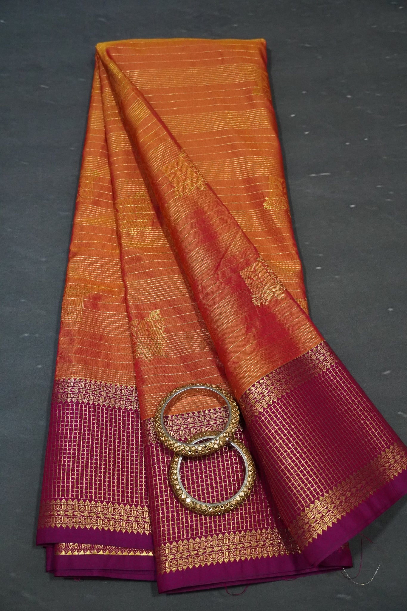 Semi Silk Saree - Checks Border Orange