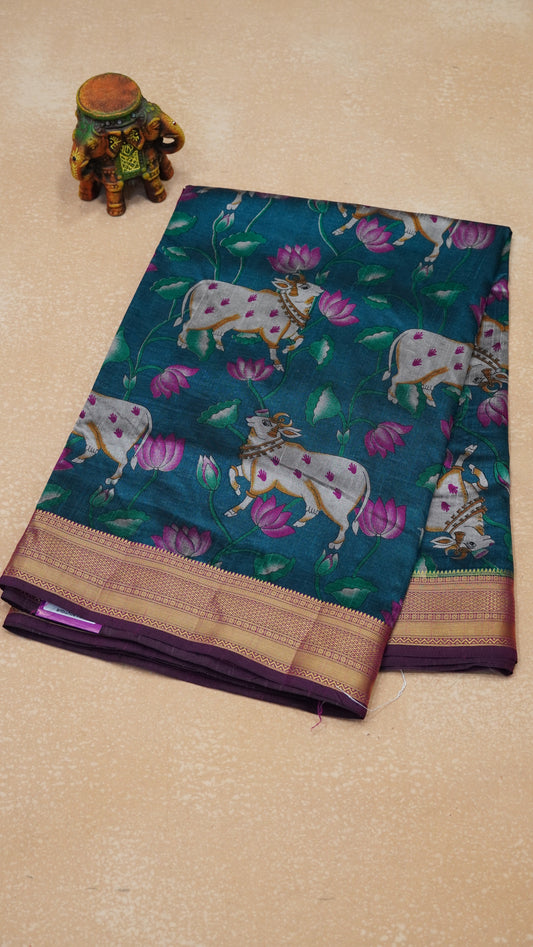 Semi Pattola Saree Pichwai Print - Peacock Blue