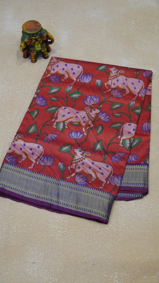 Semi Pattola Saree Pichwai Print - Red