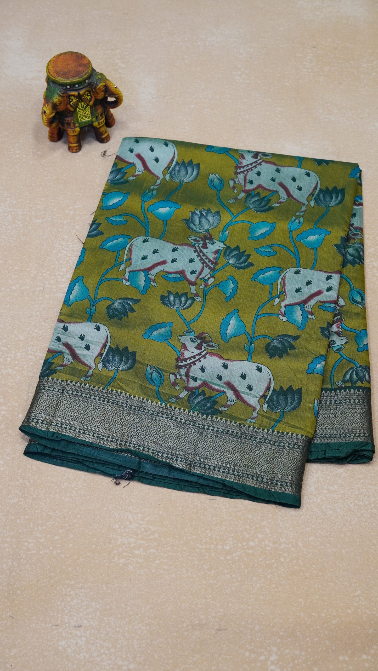 Semi Pattola Saree Pichwai Print - Olive Green