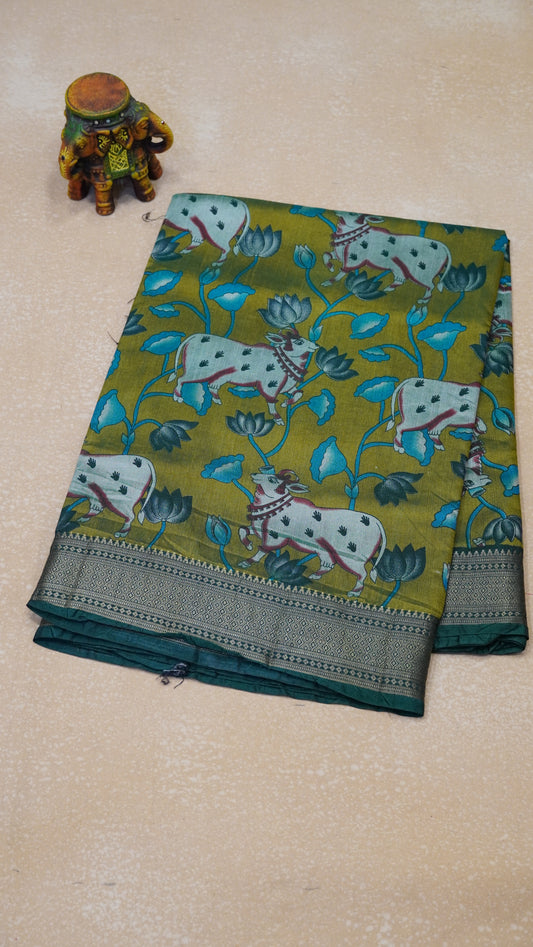 Semi Pattola Saree Pichwai Print - Olive Green