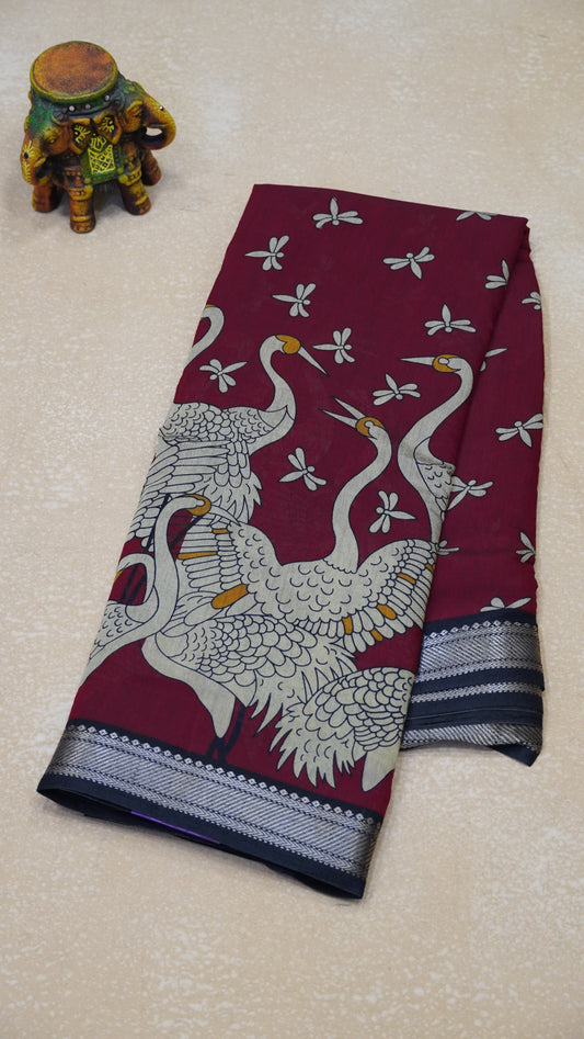 Malai Cotton Saree Flamingo Print - Maroon