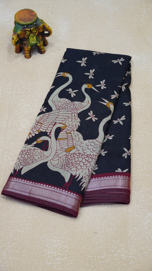 Malai Cotton Saree Flamingo Print - Black