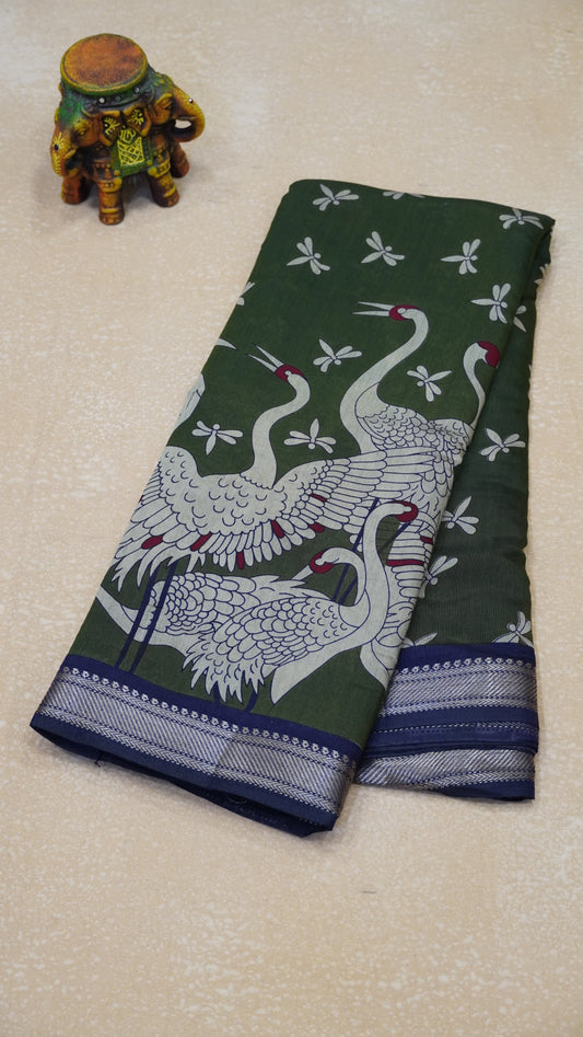 Malai Cotton Saree Flamingo Print - Green