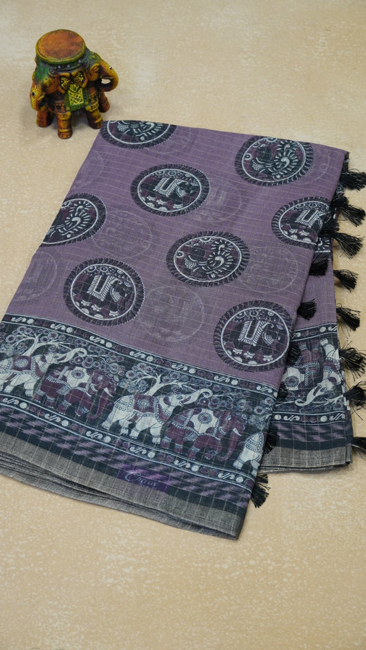 Semi Tussar Saree With Zari Checks And Figure Prints - Mauve