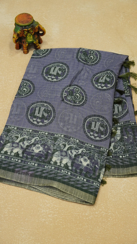 Semi Tussar Saree With Zari Checks And Figure Prints - Lavendar
