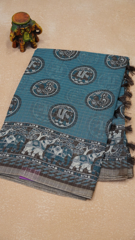 Semi Tussar Saree With Zari Checks And Figure Prints - Sea Green