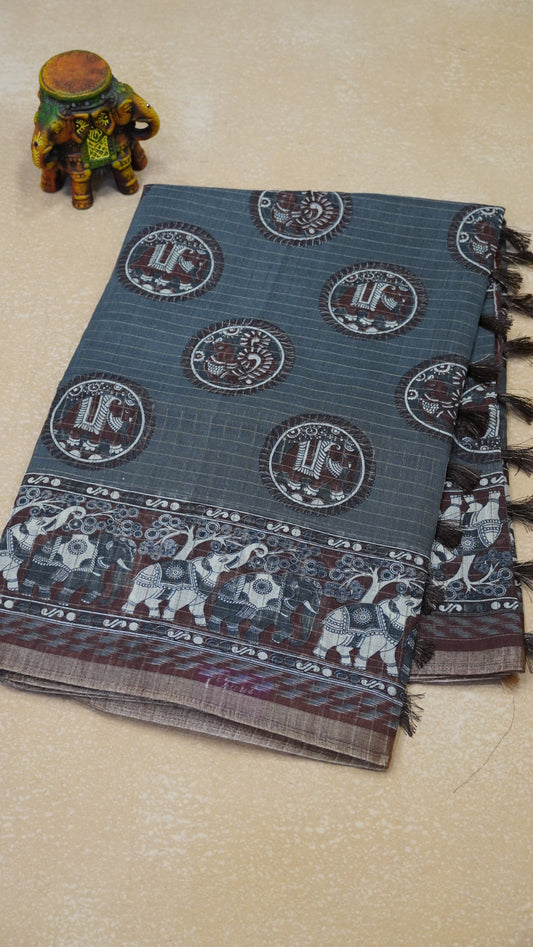 Semi Tussar Saree With Zari Checks And Figure Prints - Grey