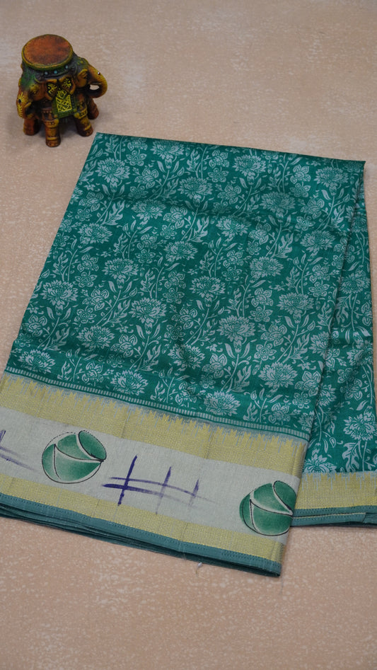 Semi Pattola Saree Floral Print With Pot Print Border- Green
