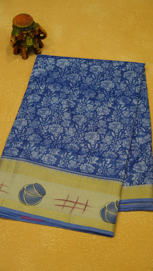 Semi Pattola Saree Floral Print With Pot Print Border- Blue