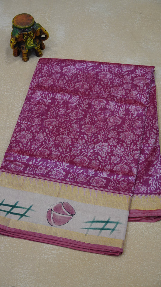 Semi Pattola Saree Floral Print With Pot Print Border- Pink
