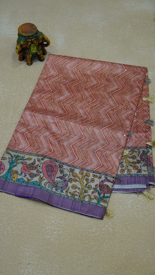 Semi Tussar Saree With French Knot & Kantha Work Zig Zag Pattern - Peach