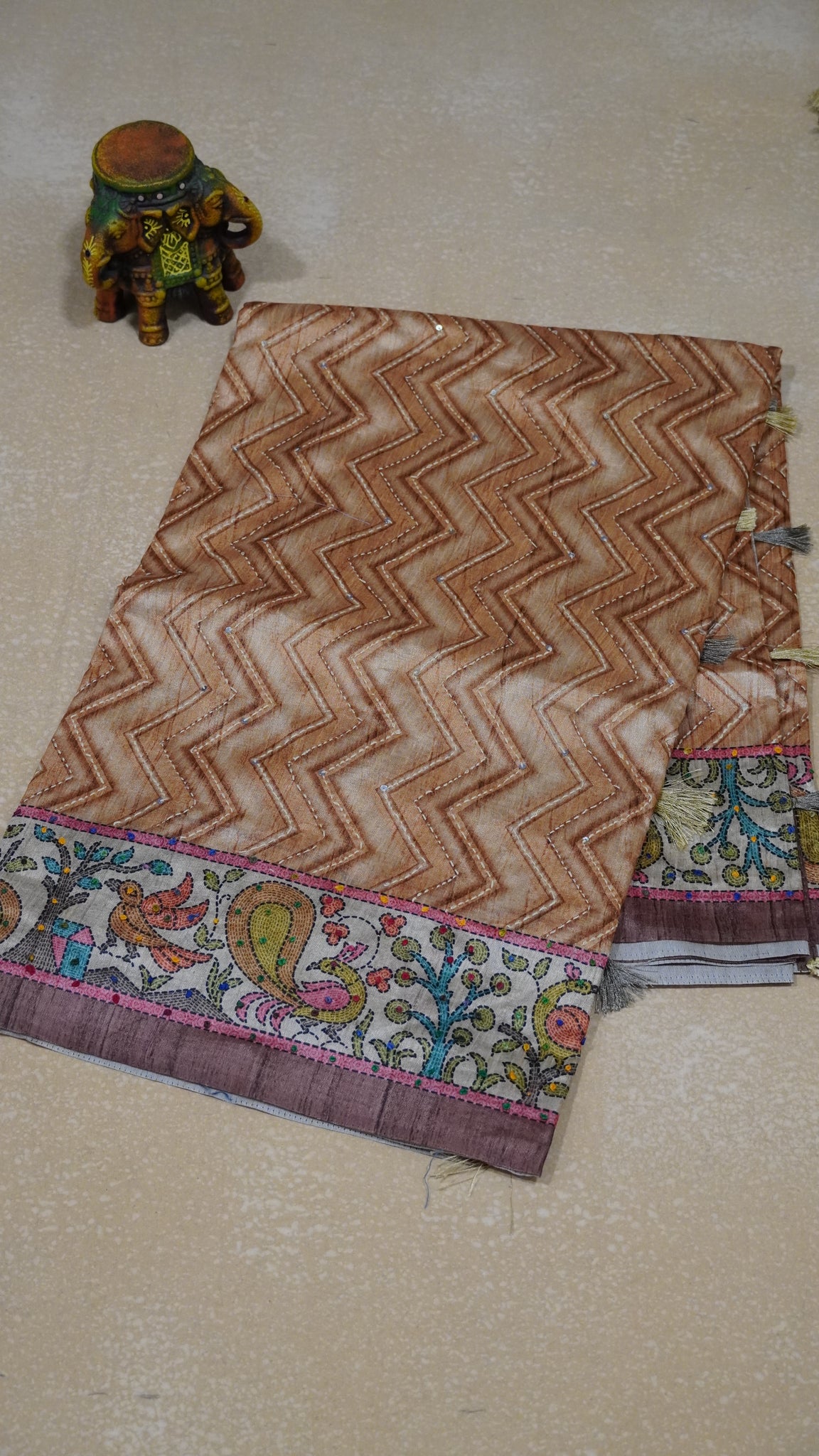 Semi Tussar Saree With French Knot & Kantha Work Zig Zag Pattern - Brown