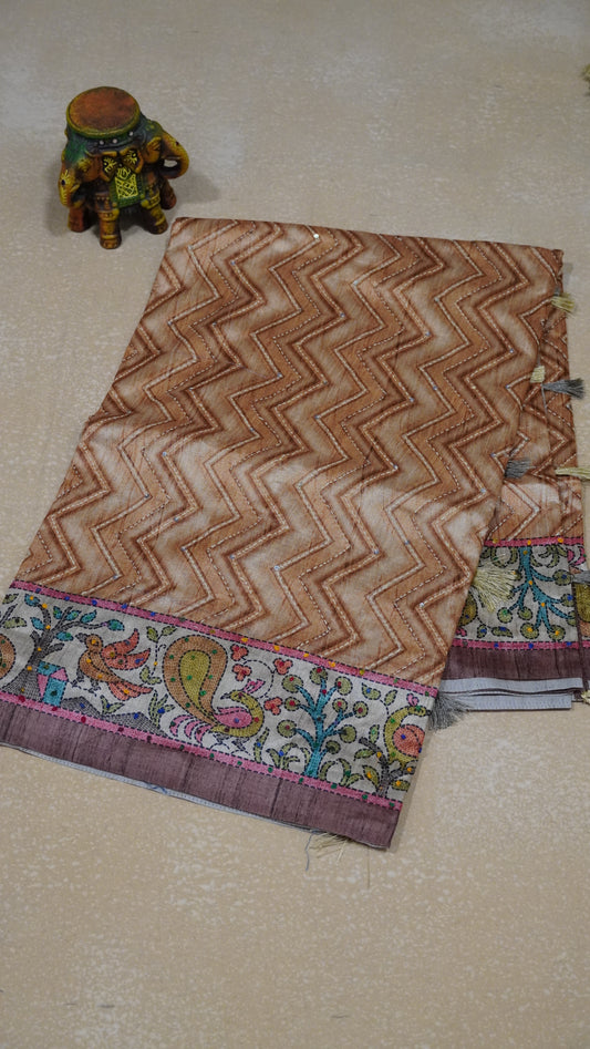 Semi Tussar Saree With French Knot & Kantha Work Zig Zag Pattern - Brown
