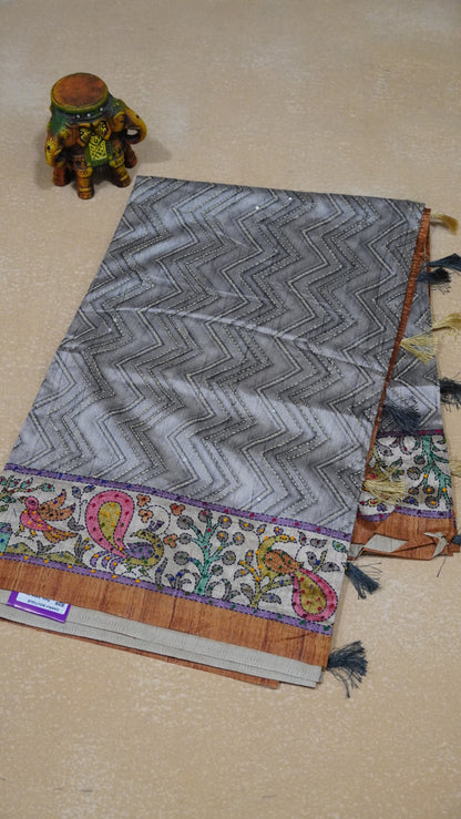 Semi Tussar Saree With French Knot & Kantha Work Zig Zag Pattern - Grey