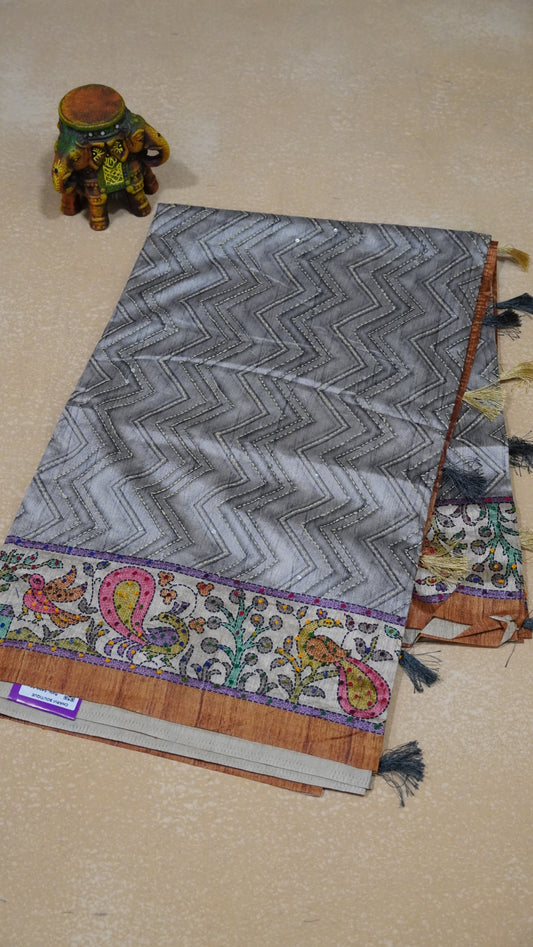 Semi Tussar Saree With French Knot & Kantha Work Zig Zag Pattern - Grey