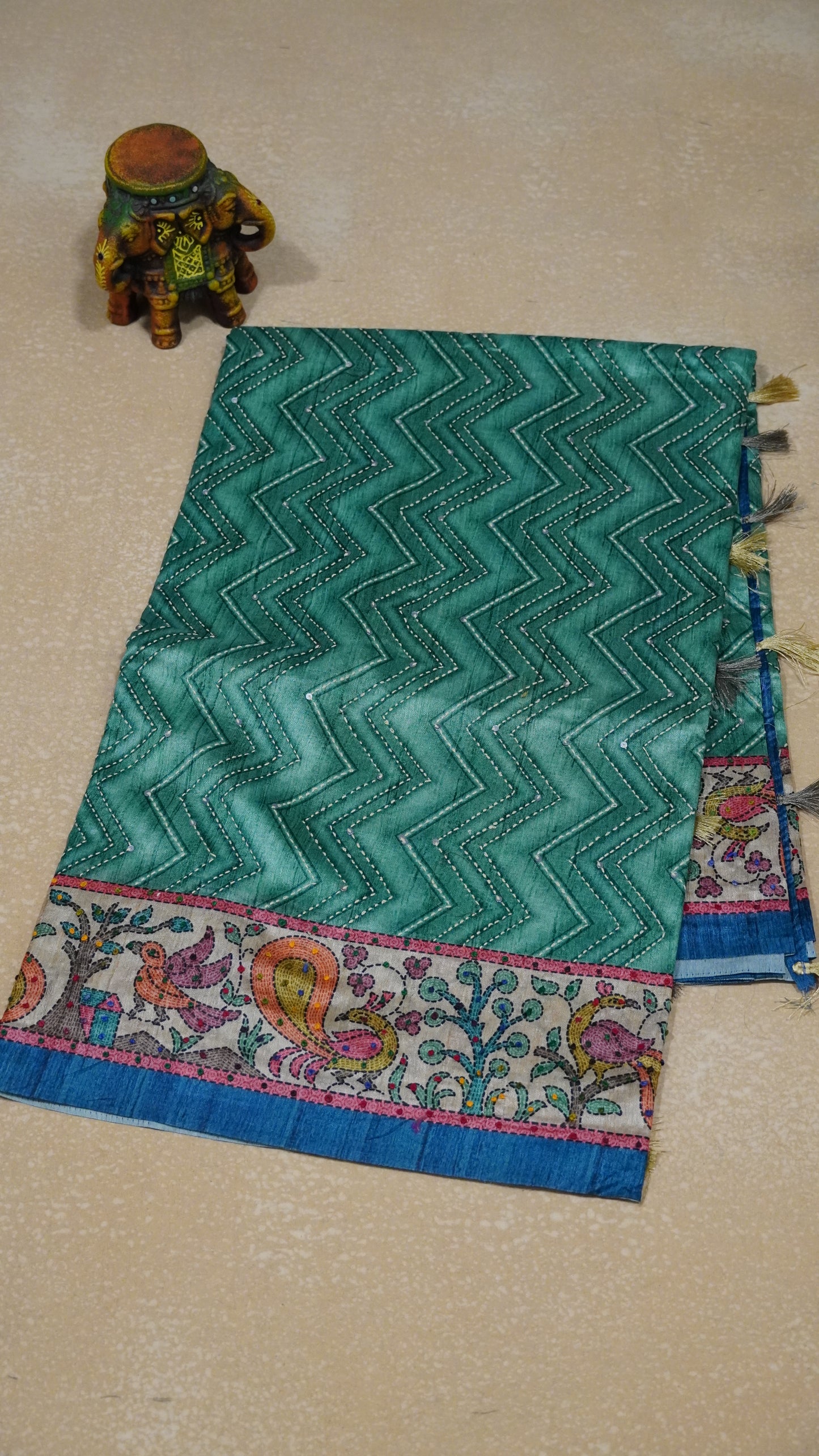 Semi Tussar Saree With French Knot & Kantha Work Zig Zag Pattern - Green