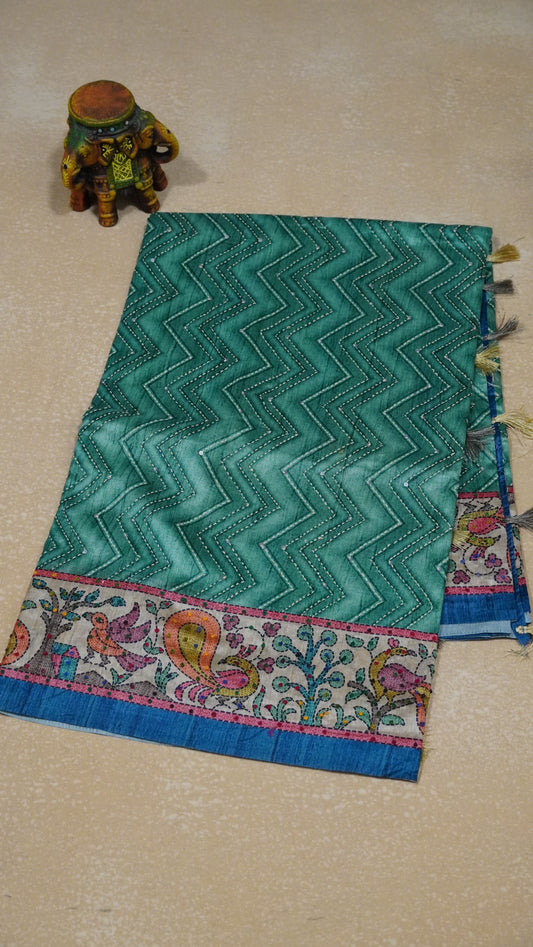 Semi Tussar Saree With French Knot & Kantha Work Zig Zag Pattern - Green