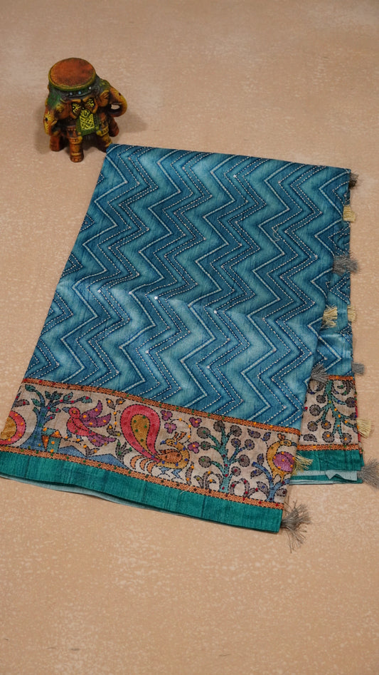 Semi Tussar Saree With French Knot & Kantha Work Zig Zag Pattern - Blue