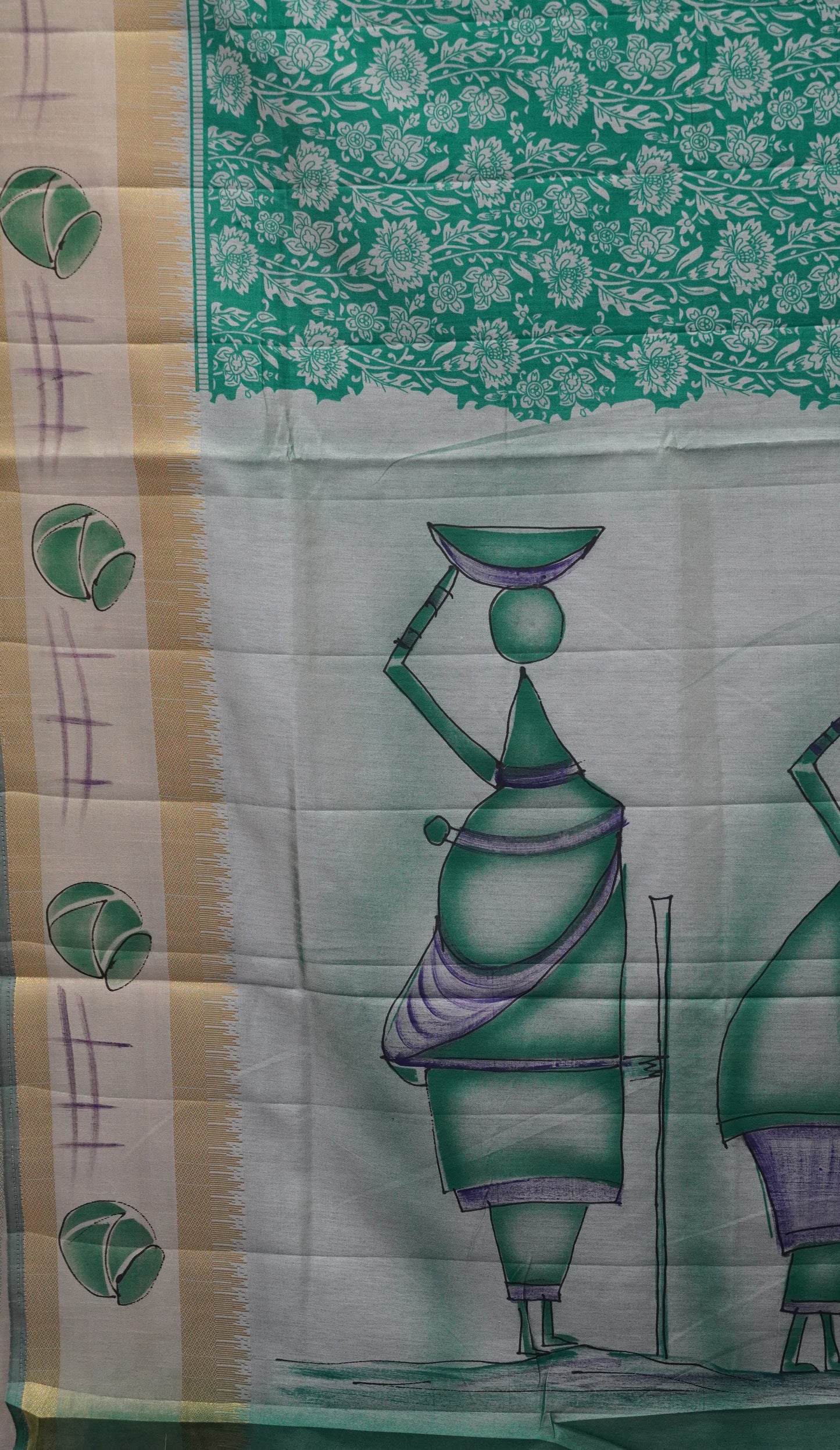 Semi Pattola Saree Floral Print With Pot Print Border- Green