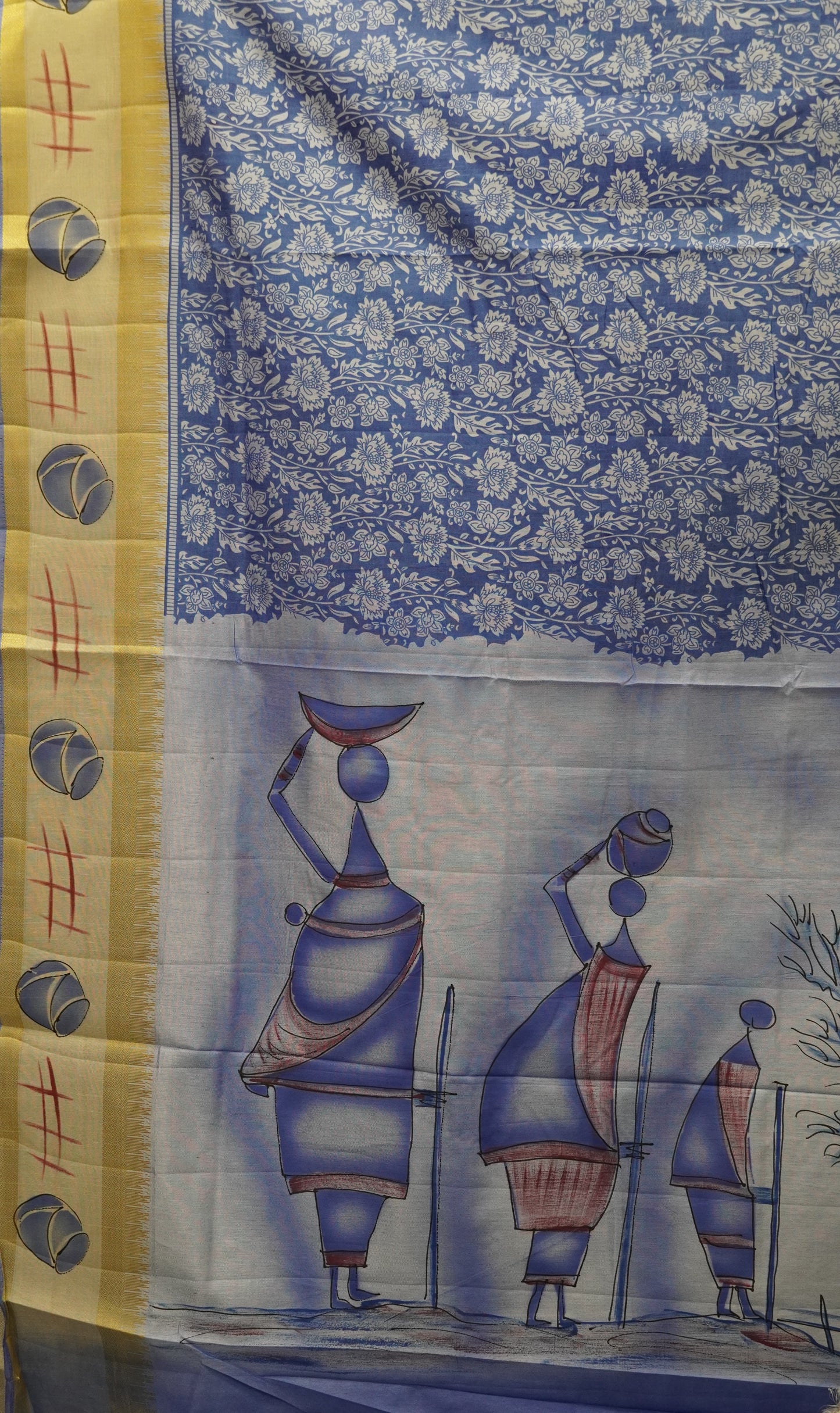 Semi Pattola Saree Floral Print With Pot Print Border- Blue