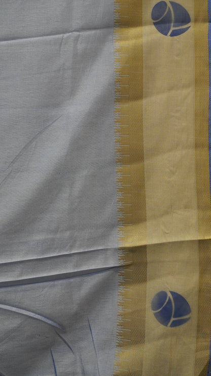 Semi Pattola Saree Floral Print With Pot Print Border- Blue