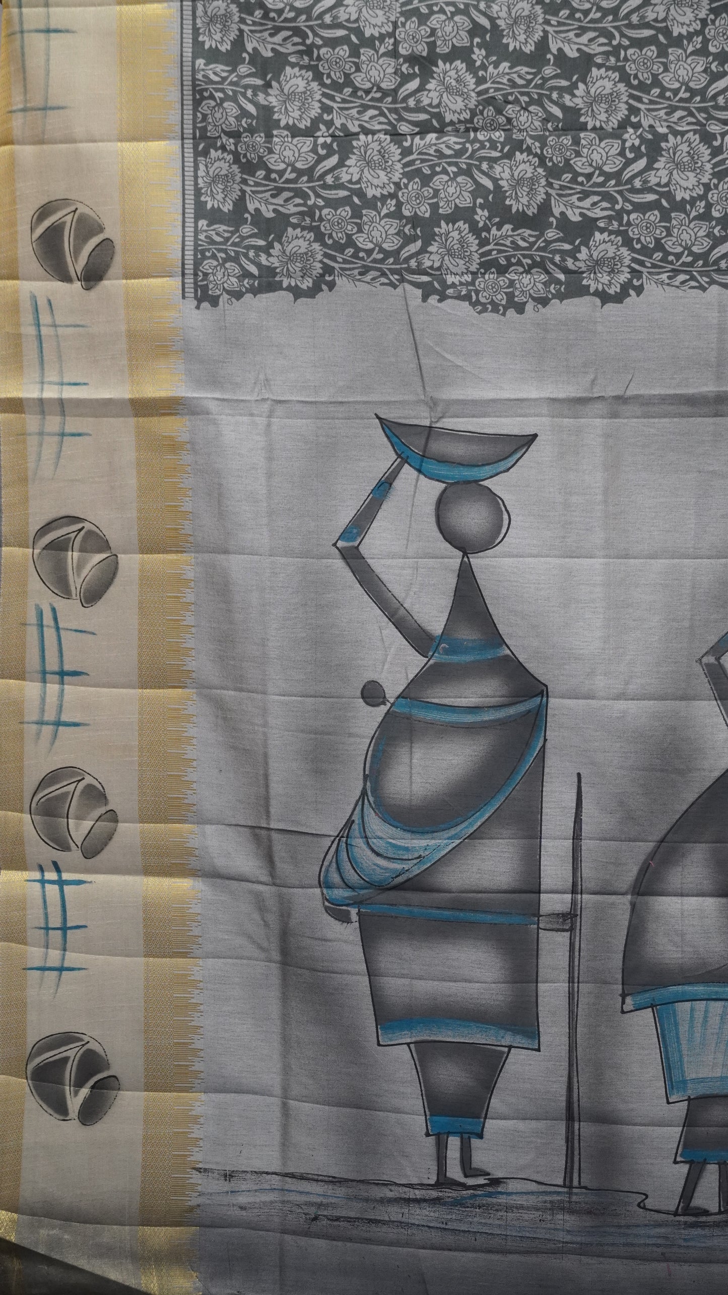 Semi Pattola Saree Floral Print With Pot Print Border- Grey