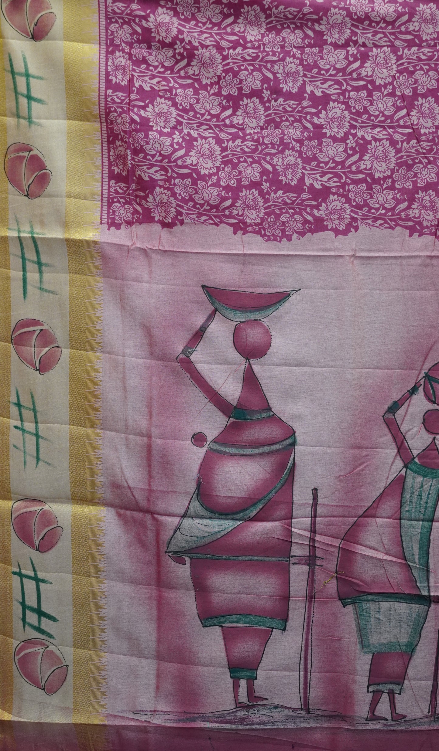 Semi Pattola Saree Floral Print With Pot Print Border- Pink