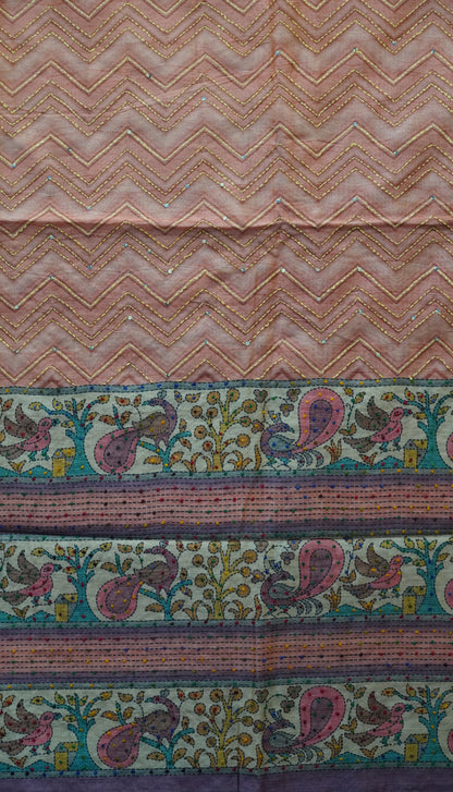 Semi Tussar Saree With French Knot & Kantha Work Zig Zag Pattern - Peach