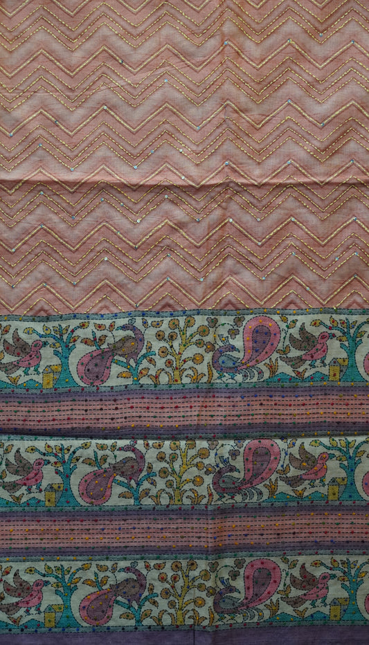 Semi Tussar Saree With French Knot & Kantha Work Zig Zag Pattern - Peach